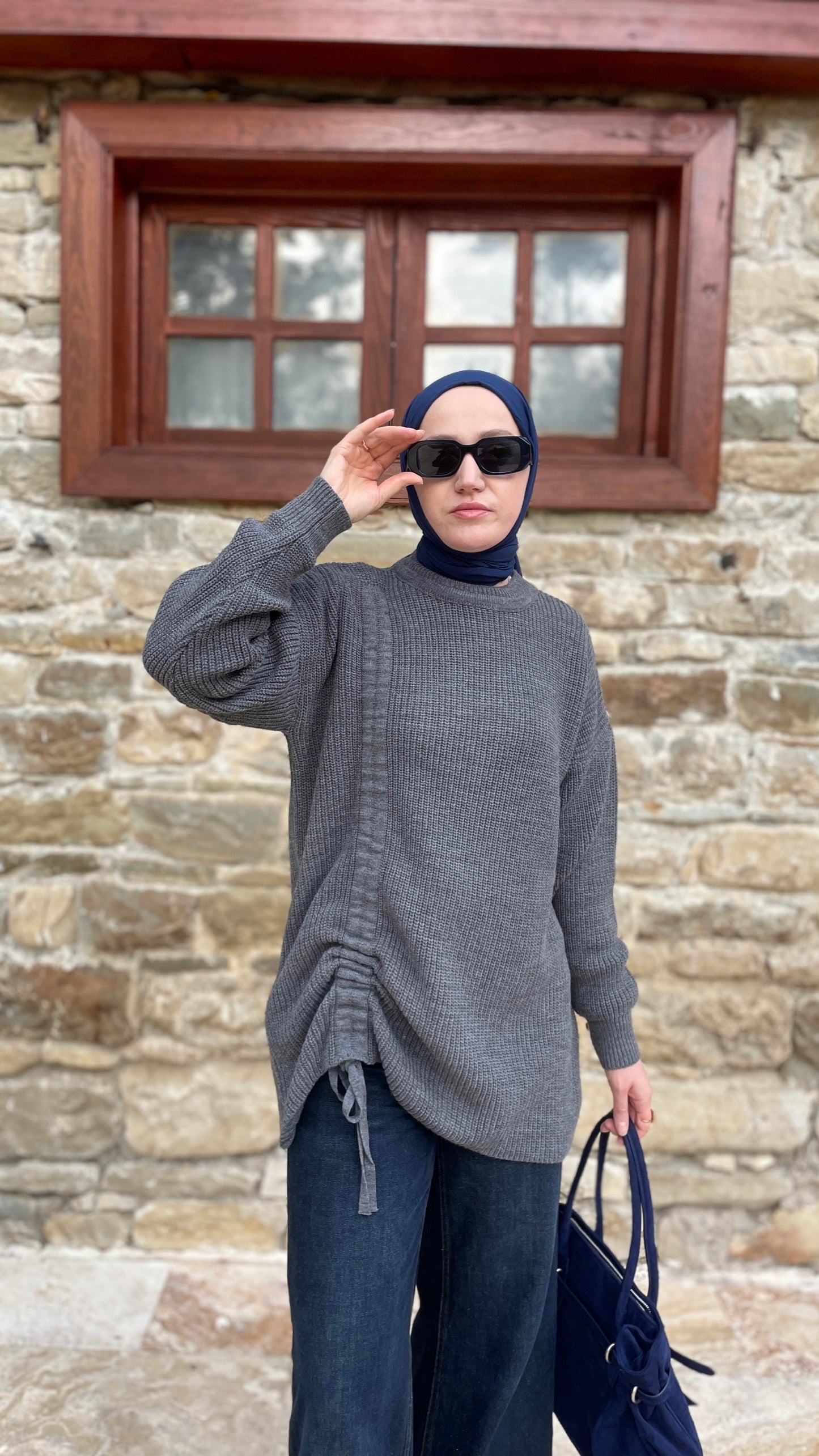 Büzgü Detaylı Triko Kazak Antrasit