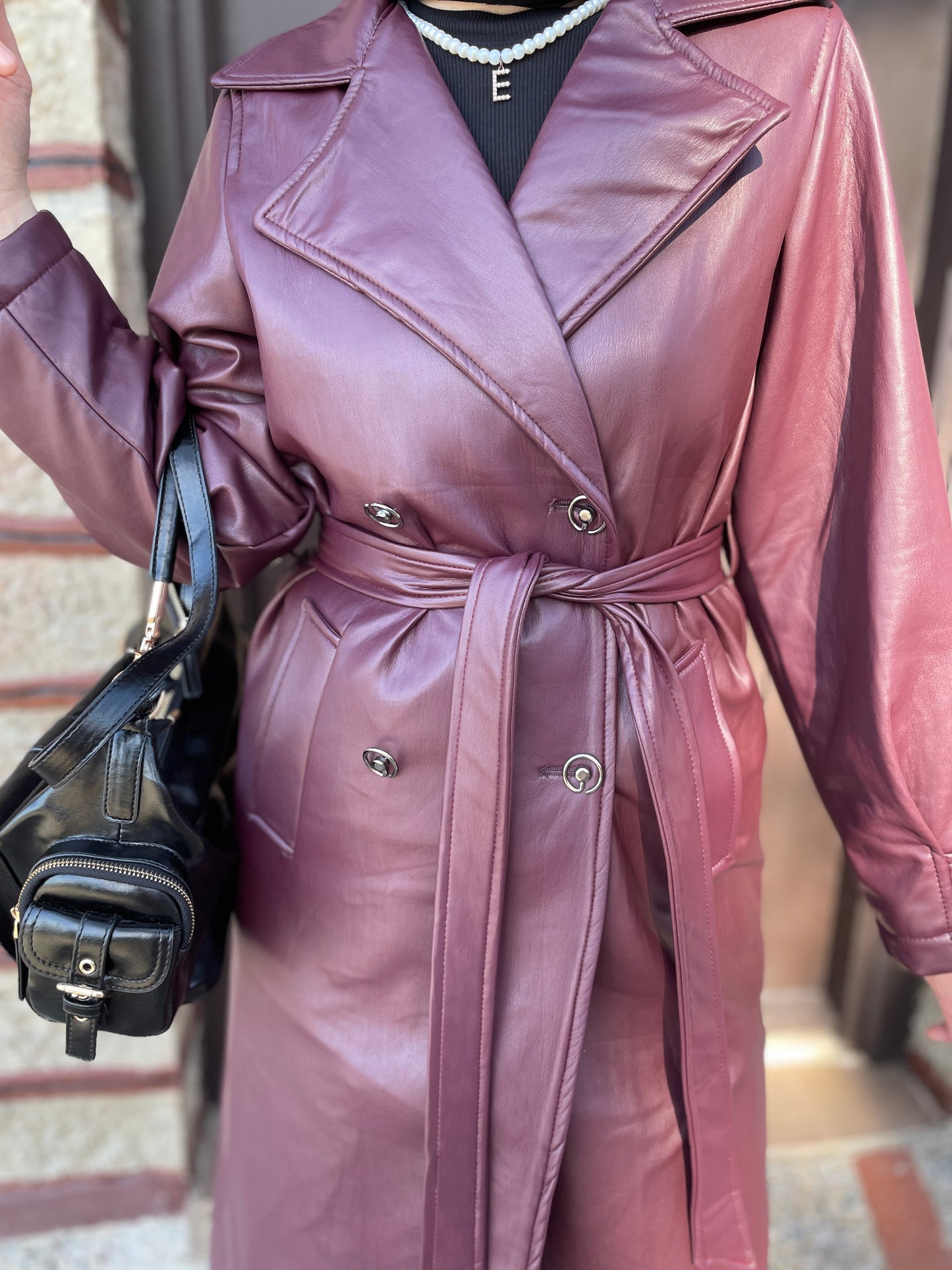 Premium Kalite Deri Trençkot Bordo