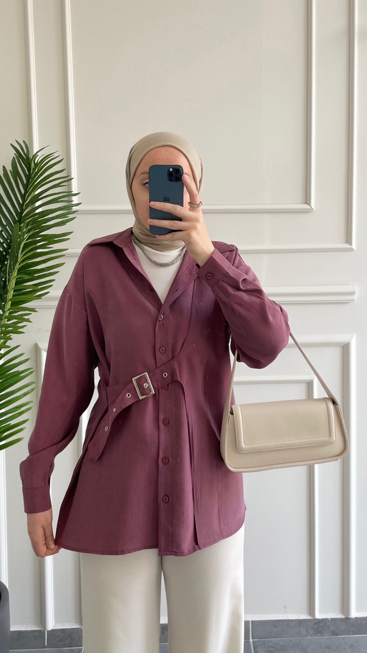 Premium Modal Kuşgözü Kemerli Gömlek-Mürdüm