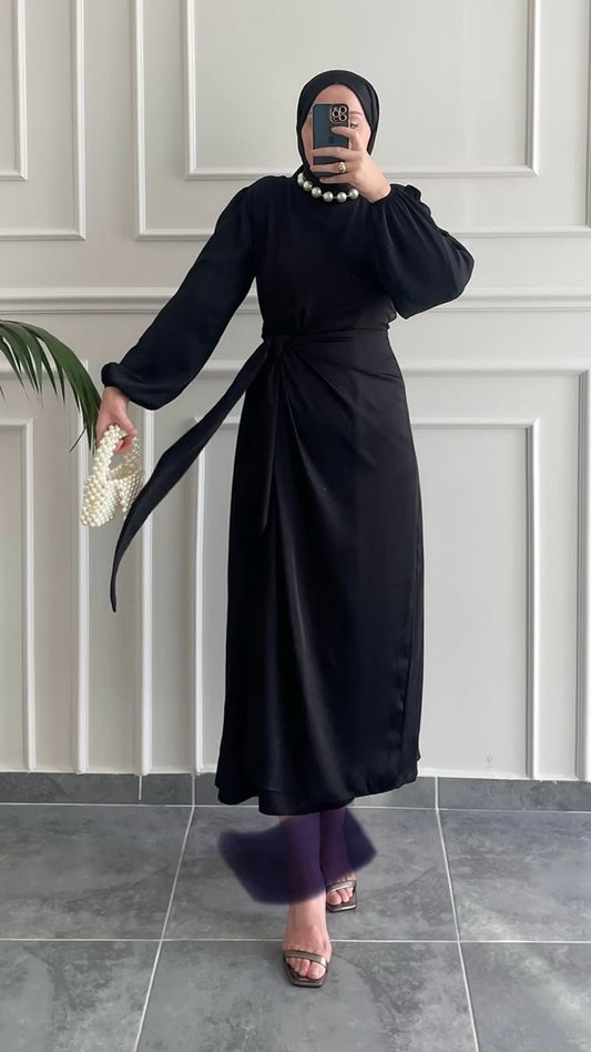 Şura bel bağlamalı saten elbise Siyah