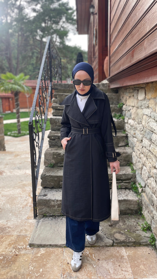 Renkli Dikişli Premium Trençkot Siyah