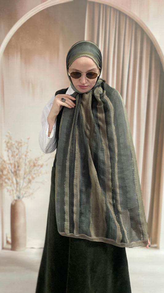 Tonsürton Çizgi Desen Müslin Şal Zeytin Yeşili
