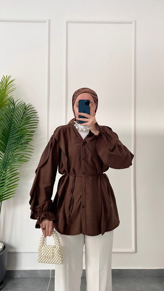 Kollar Fırfırlı Tencel Keten Gömlek-Kahverengi