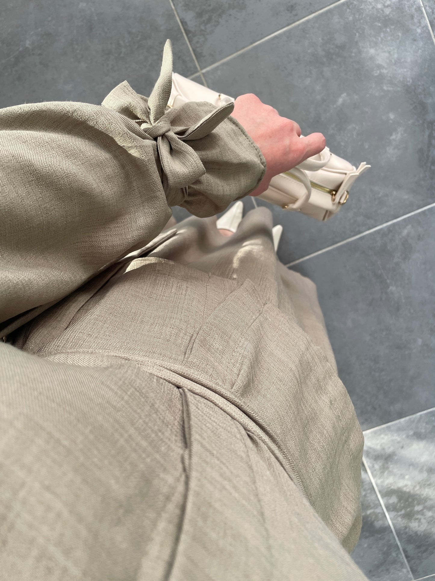 Dolunay Çift Yaka Tasarım Keten Etekli Takım-Yeşil