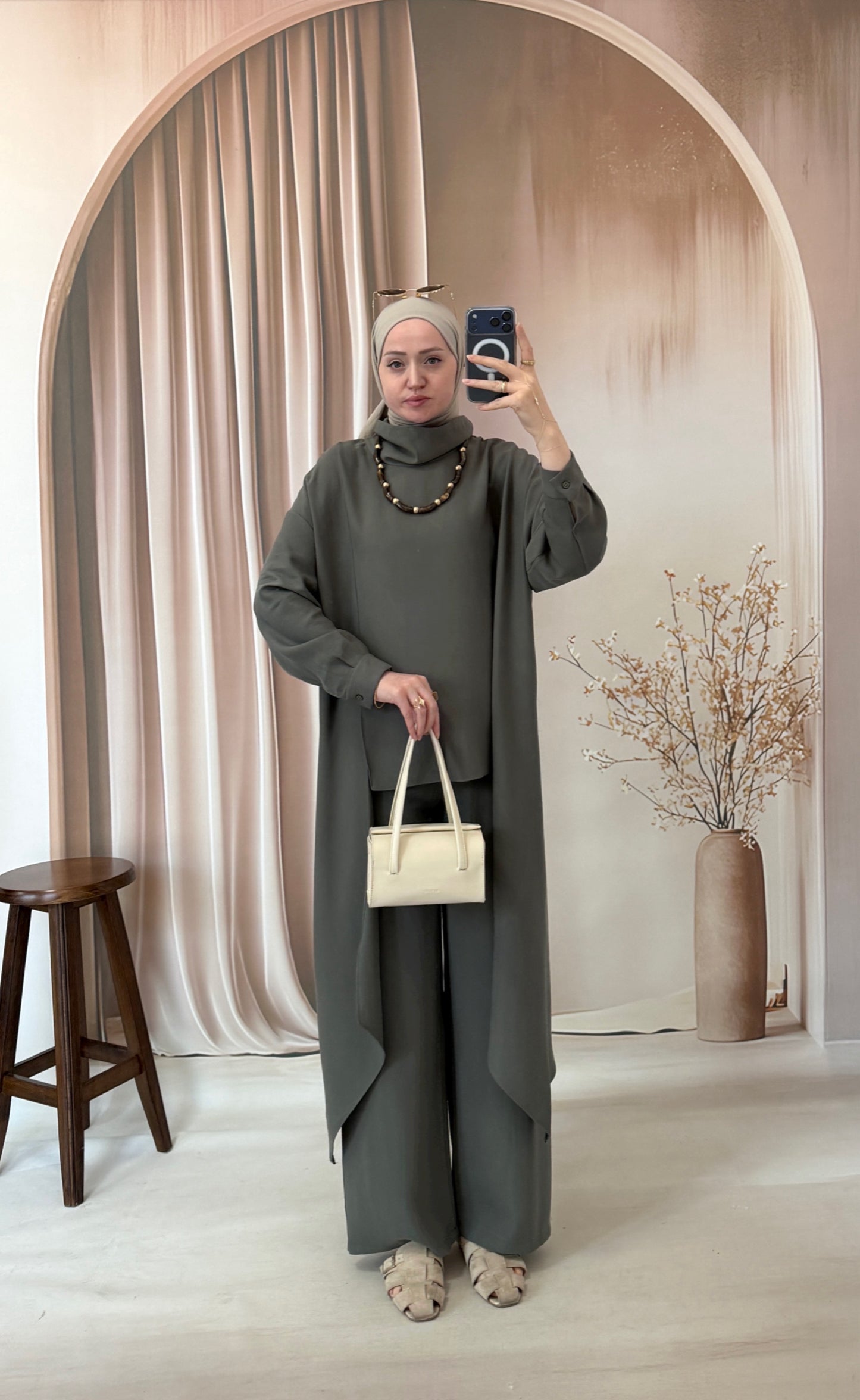 Tencel Cupra Kumaş Asimetrik Tasarım Takım Haki