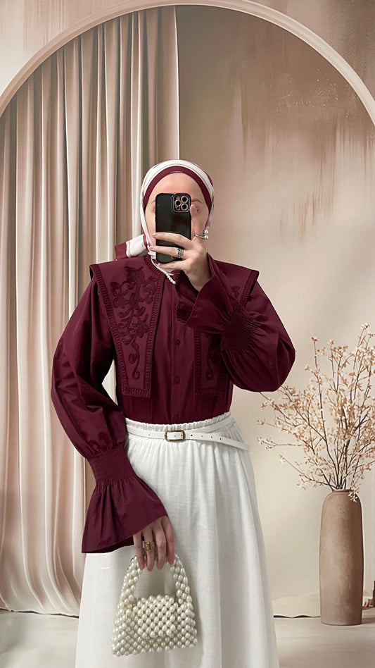 Geniş Yakalı Nakışlı Vintage Gömlek Bordo