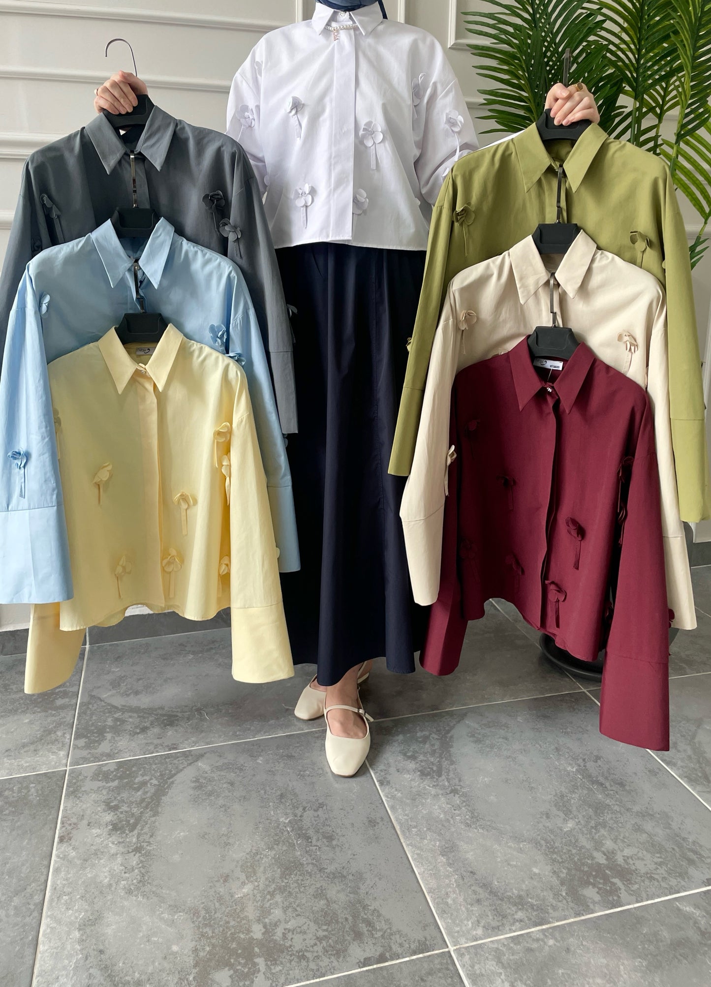 Papatyalı Poplin Gömlek-Bordo