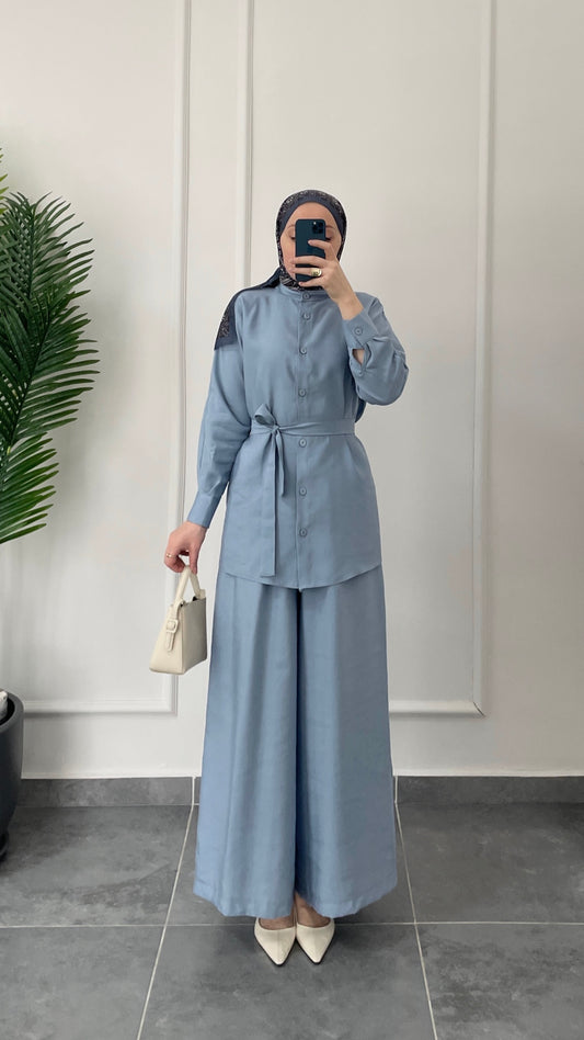 Tencel Keten Etek Pantolonlu Takım Mavi