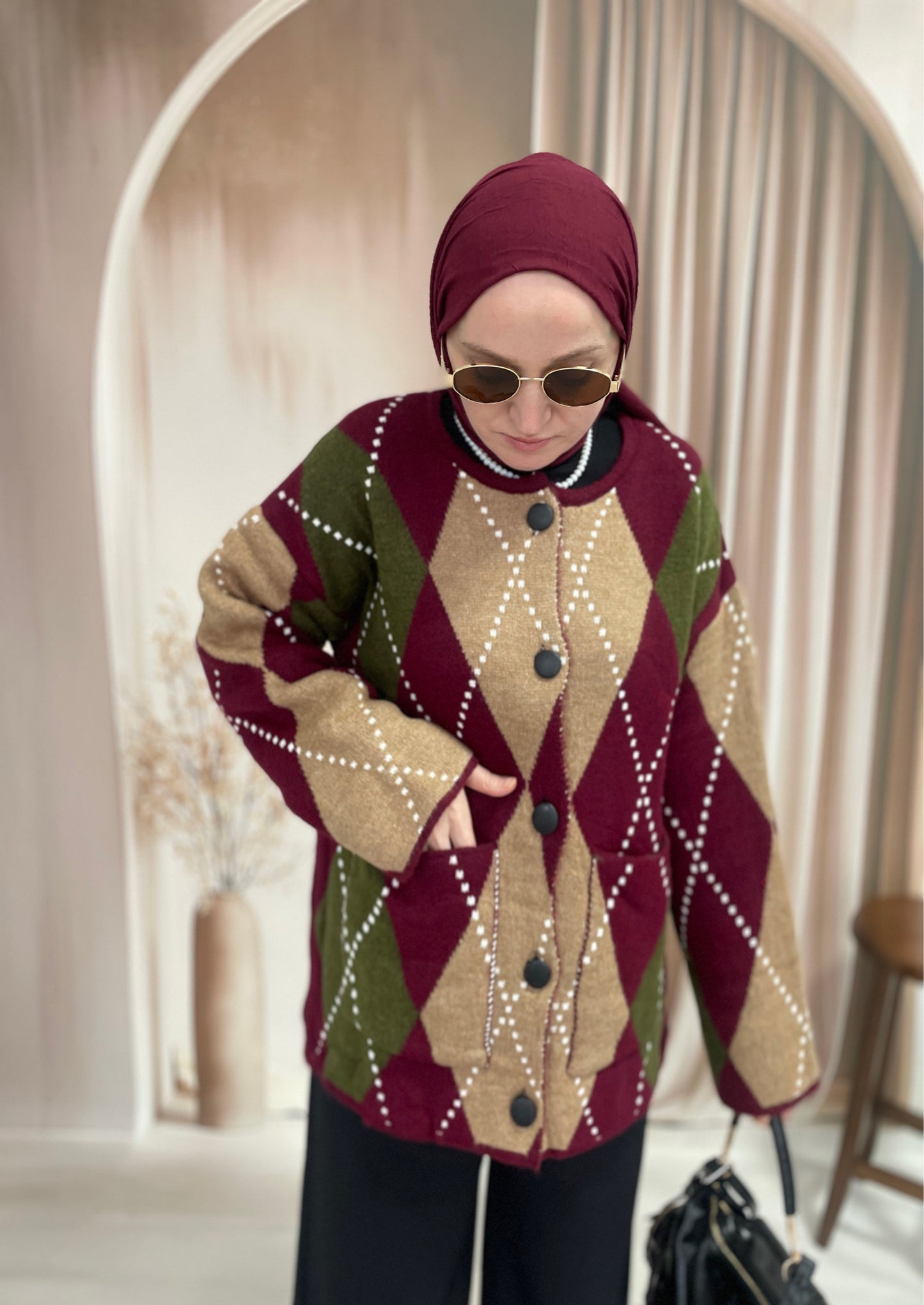 Baklava Desenli Premium Hırka Bordo&Haki