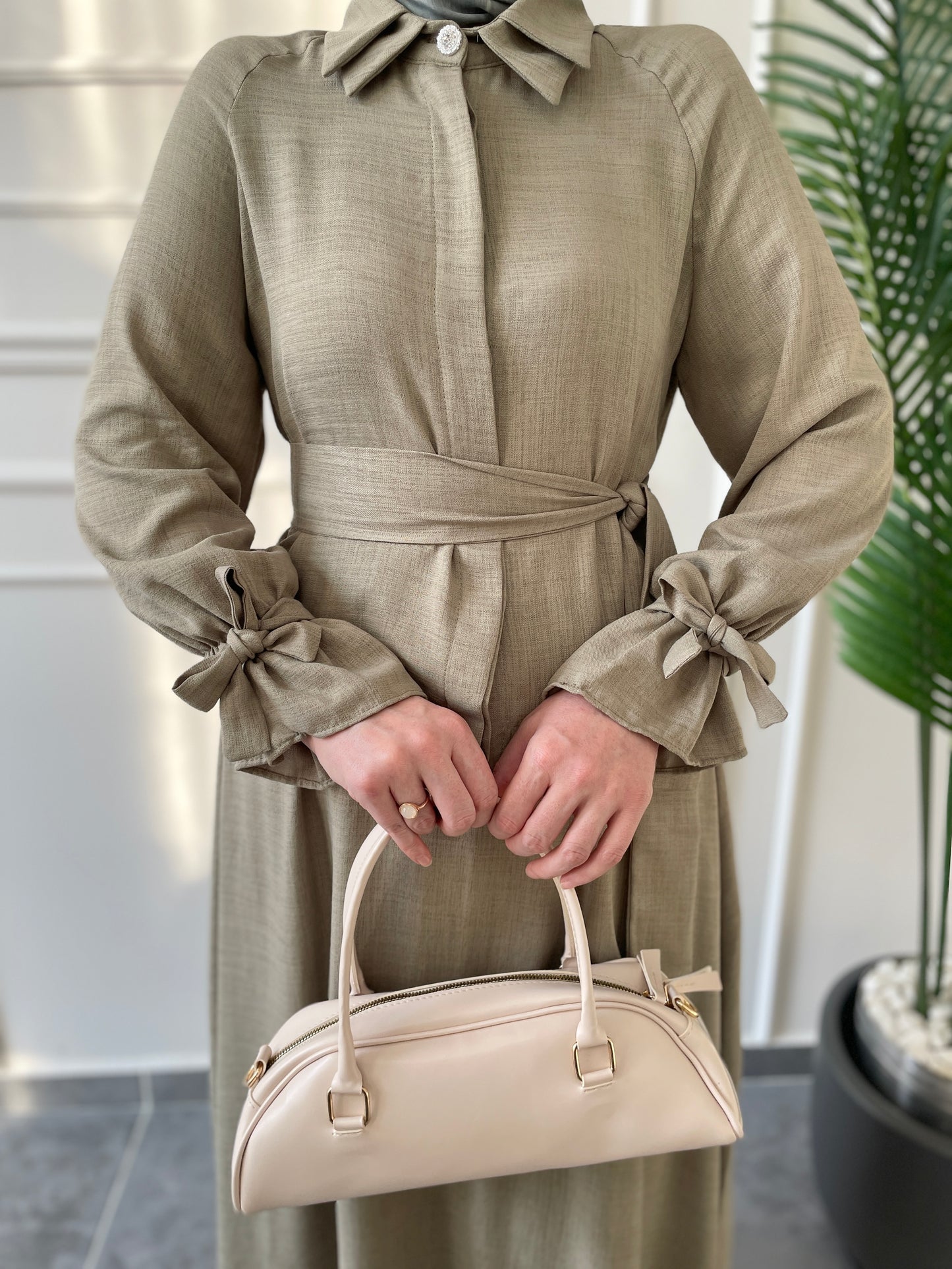 Dolunay Çift Yaka Tasarım Keten Etekli Takım-Yeşil