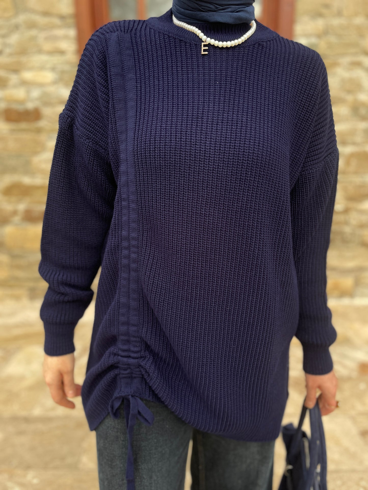 Büzgü Detaylı Triko Kazak Lacivert