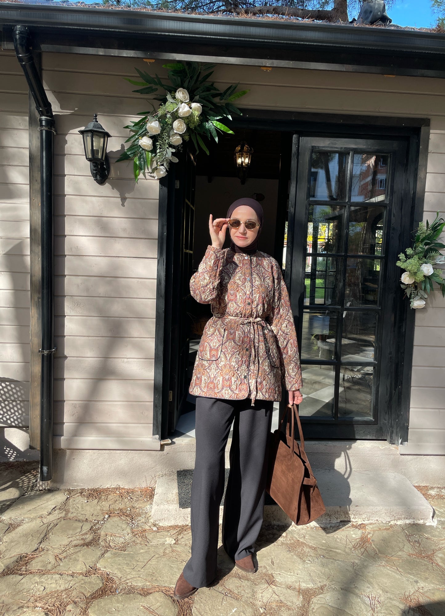 Etnik Desen Vintage Kapitone Premium Ceket Kahve