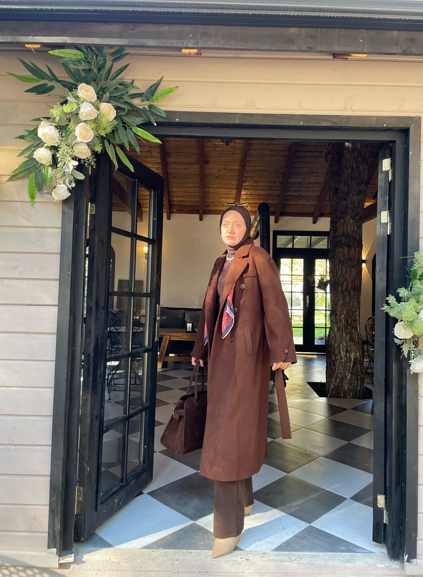 Vintage Tasarım Kol Düğmeli Kaşe Kaban Kahve