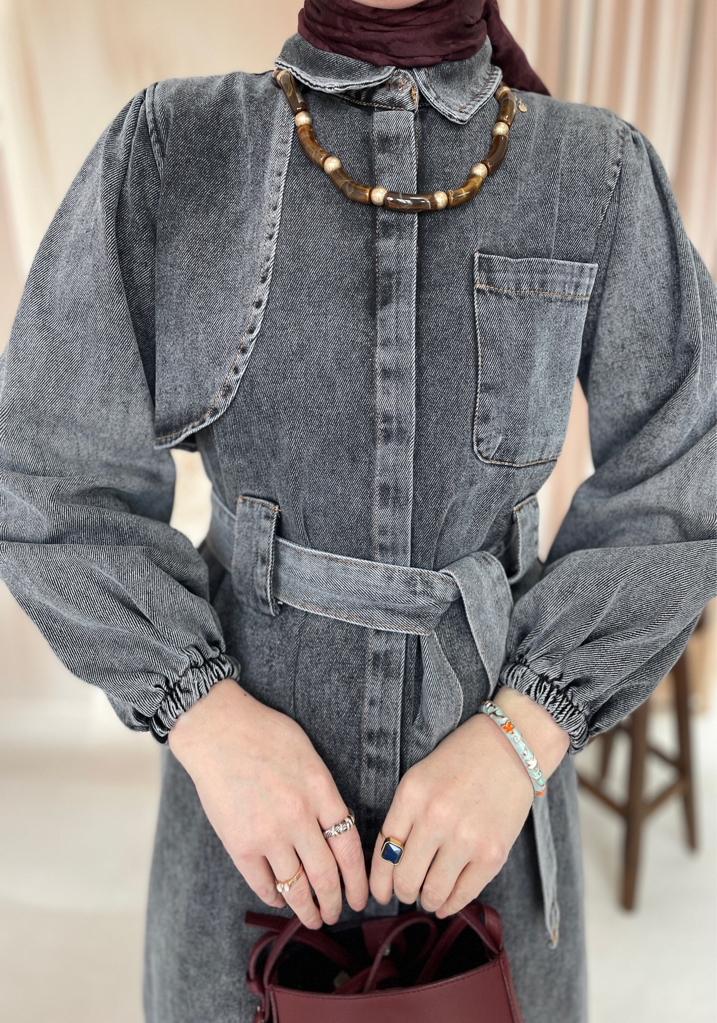 Gizli Patlı Pelerinli Denim Elbise Antrasit