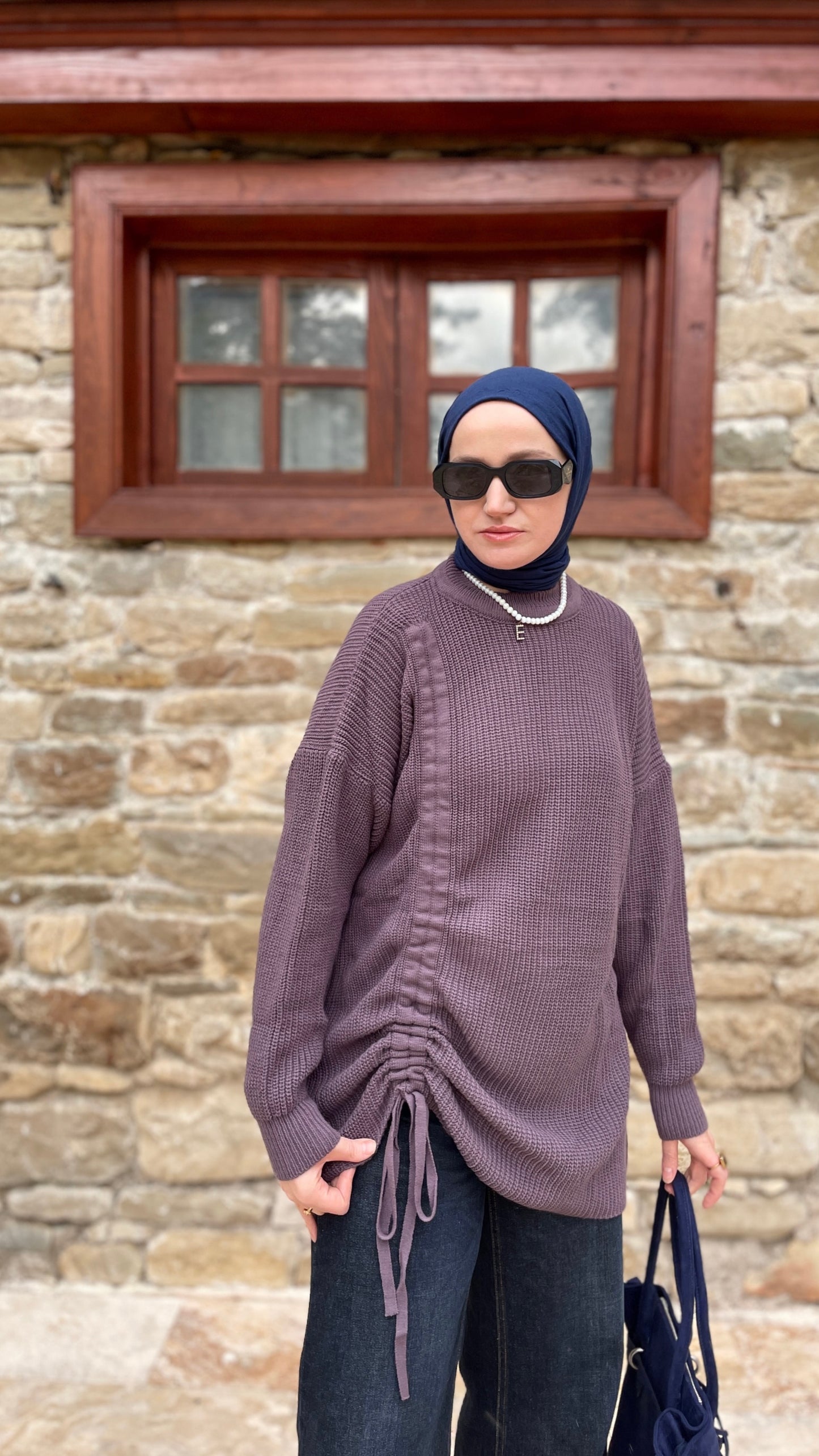 Büzgü Detaylı Triko Kazak Lavanta