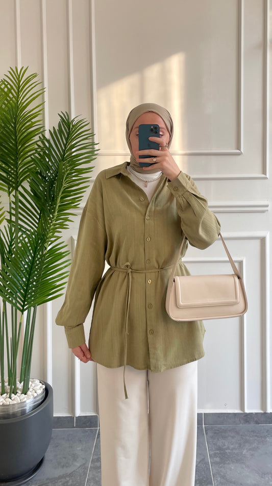 Ham Keten Seyyar Kemerli Gömlek-Yağ yeşili