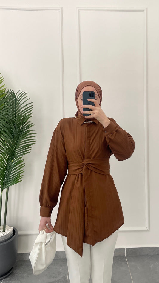 Bel Bağlama Tasarım Gömlek-Kahve