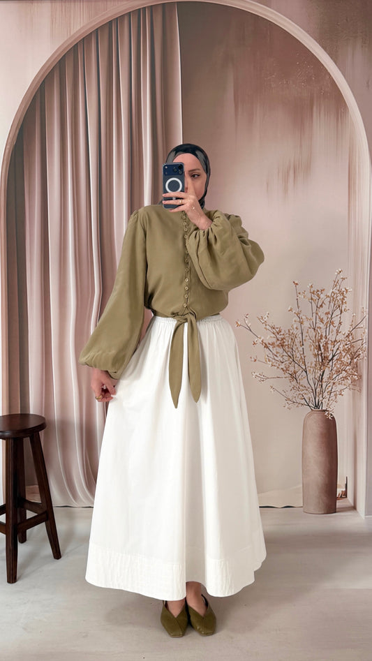 Britli Balon Kol Bel Bağlamalı Cupra Bluz Fıstık Yeşili