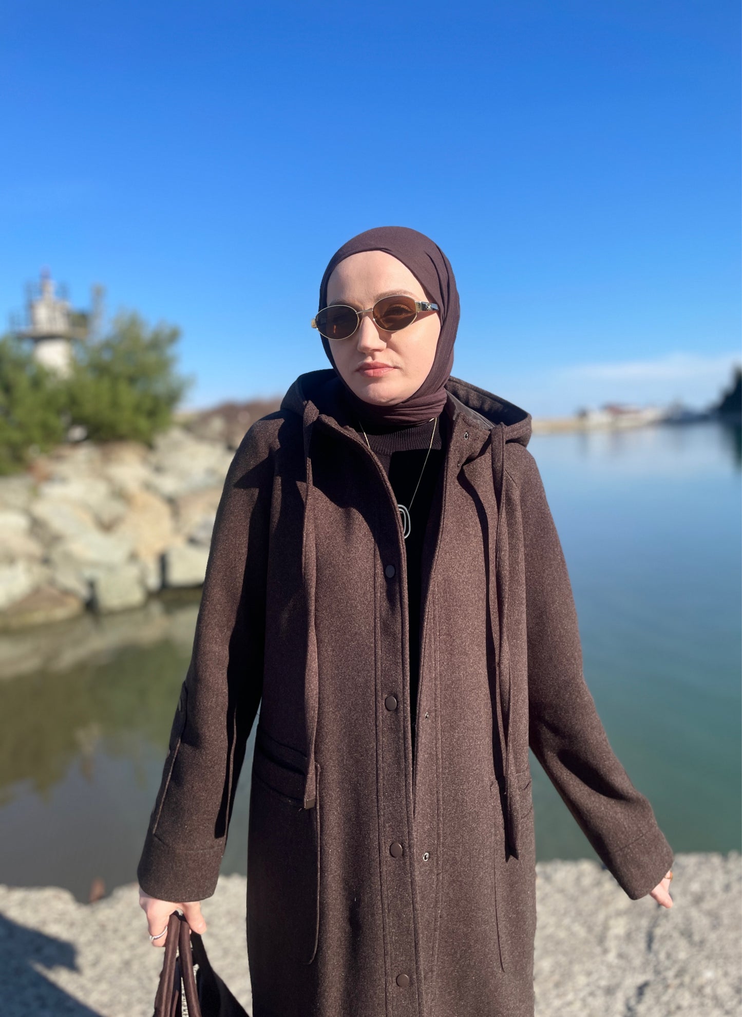 Tam Boy Premium Kapüşonlu  Kaşe Kaban Kahverengi