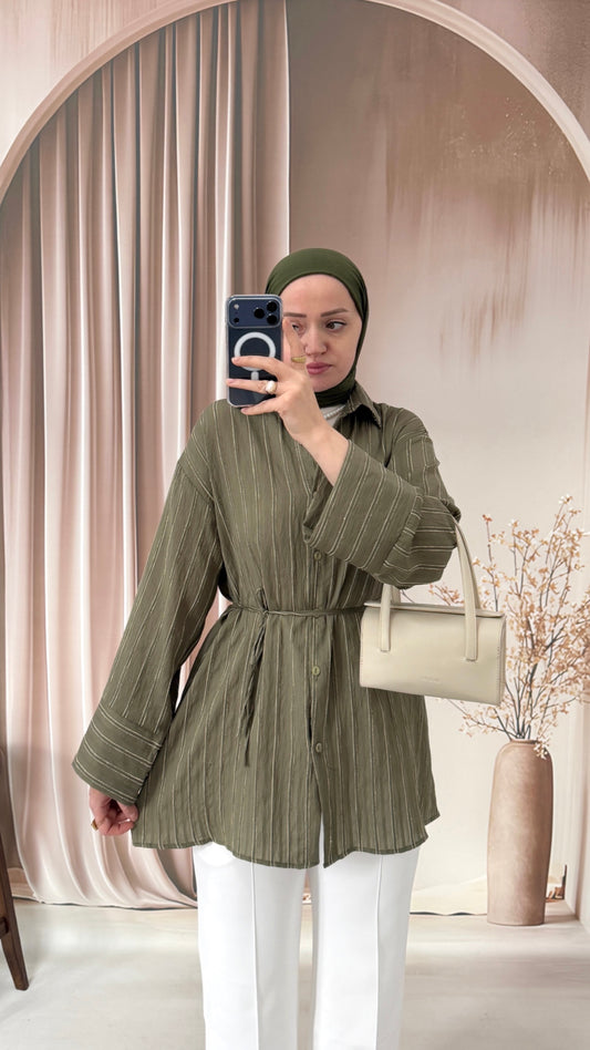 Çizgili Efil Gömlek  Haki