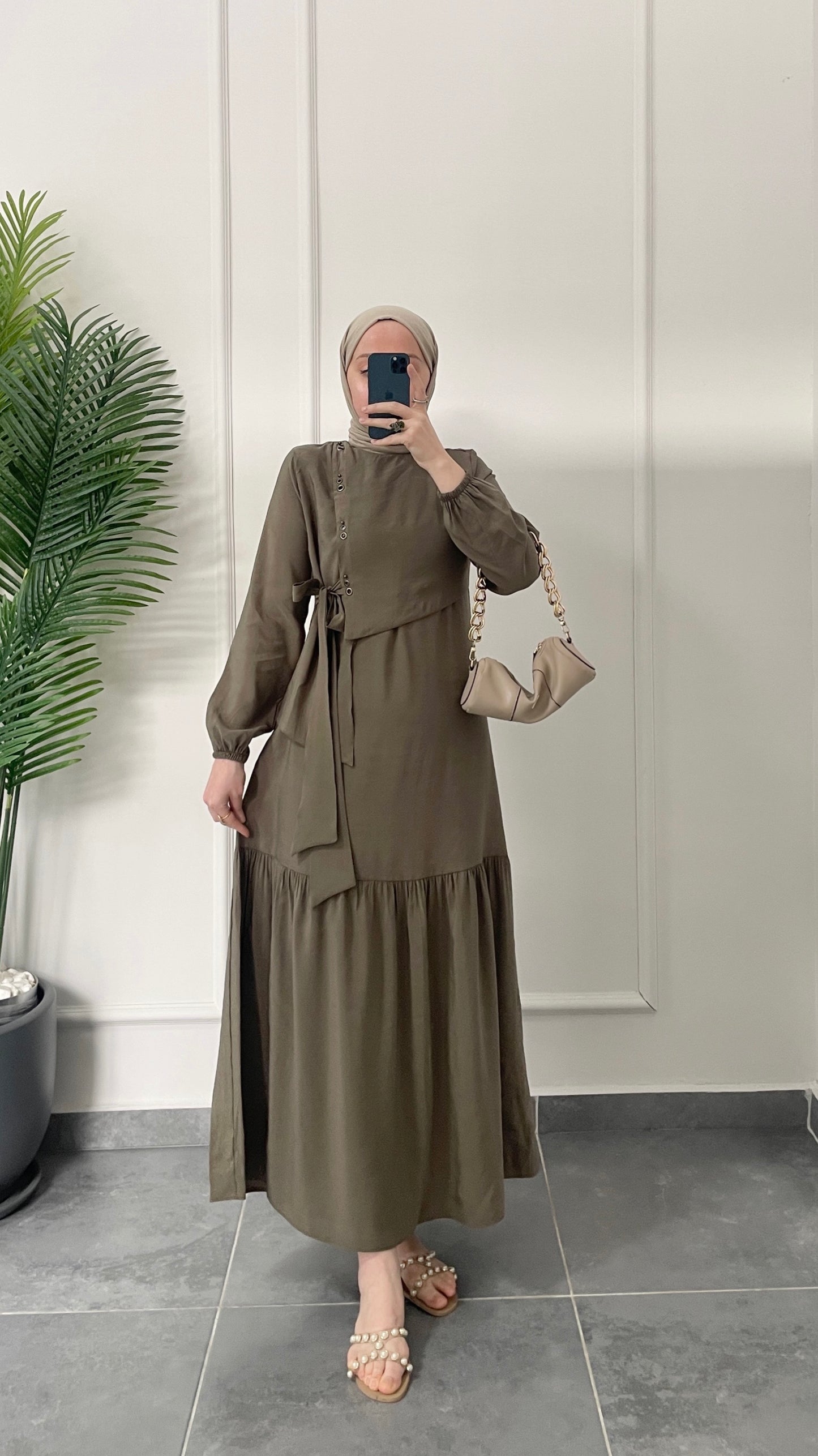 Lora Kuş Gözü Tasarım Elbise-Haki