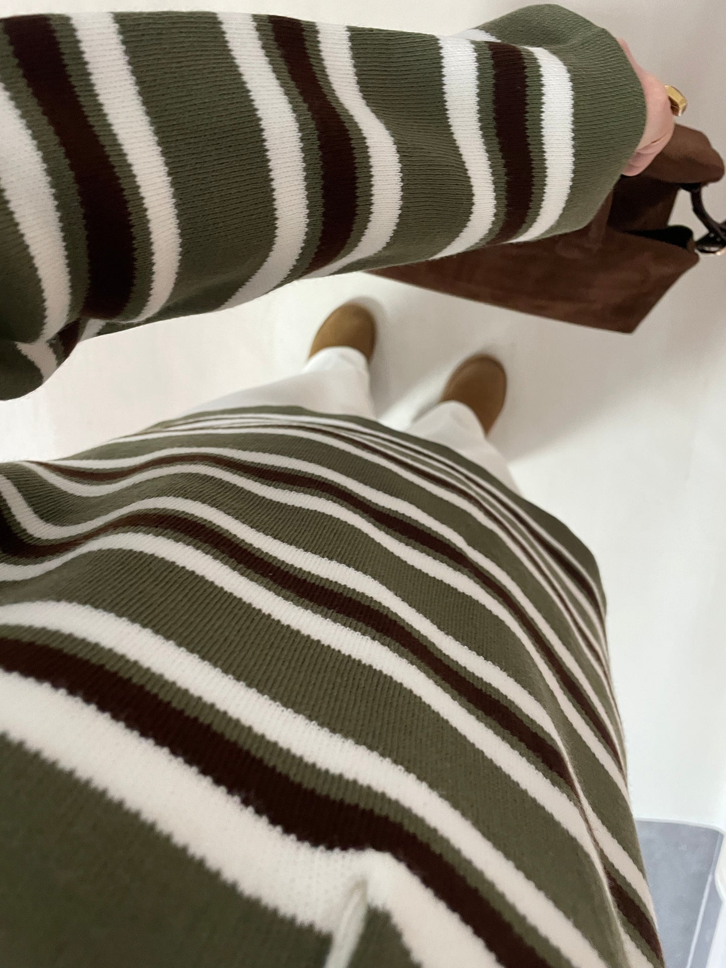 Polo Yaka Çizgili Triko Kazak Haki