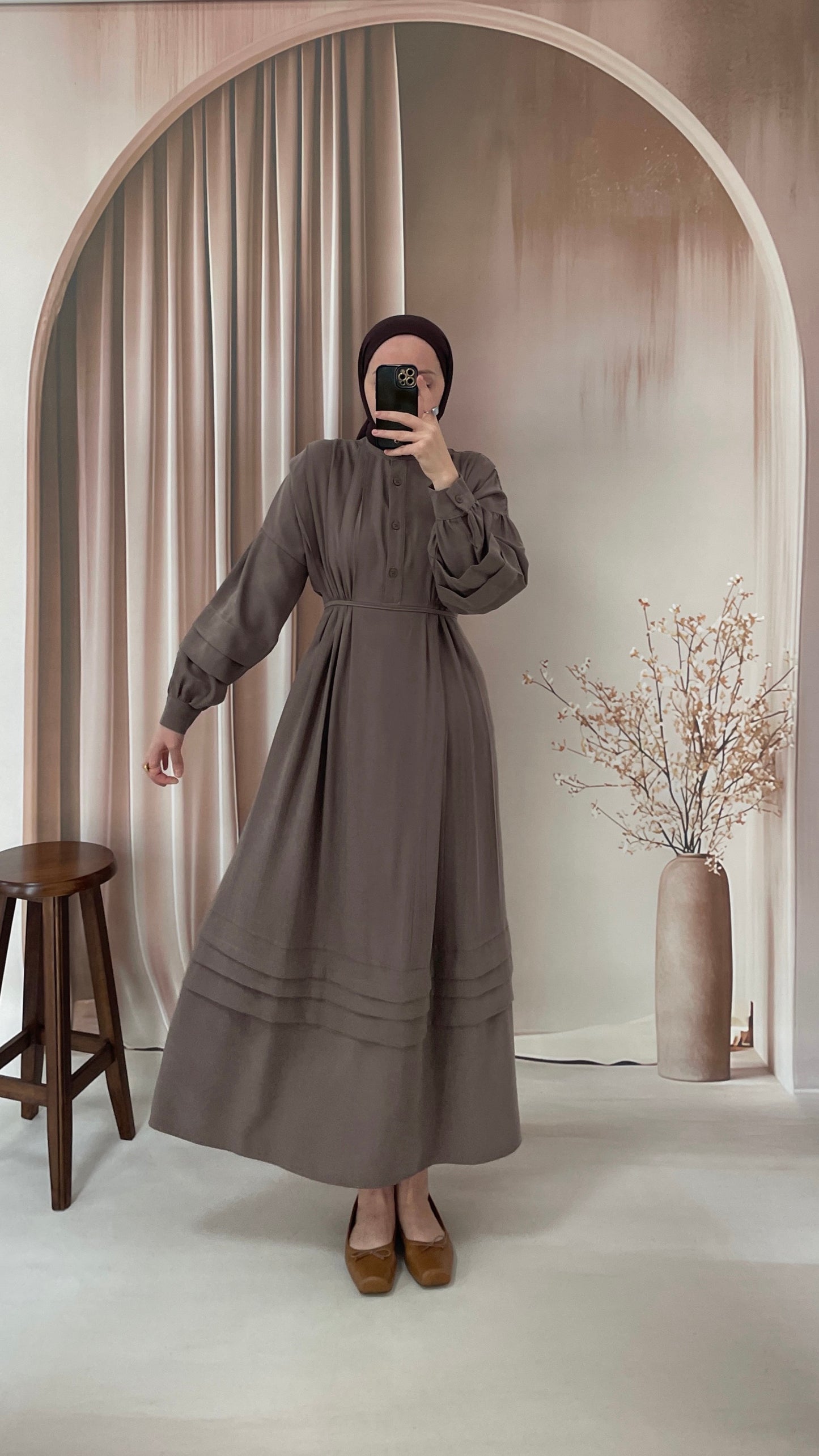 Nervürlü Koton Elbise Vizon