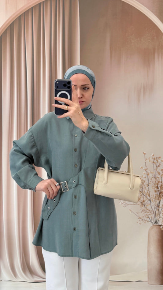 Kuş Gözü Kemerleri Premium Gömlek Duman Yeşili