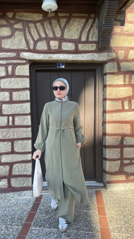 Fermuarlı Kap&Pantolonlu Koton Takım Yeşil