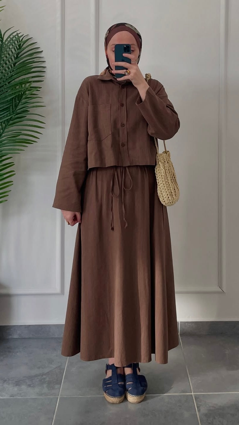 Ham Keten Düğmeli Etekli Takım Kahve