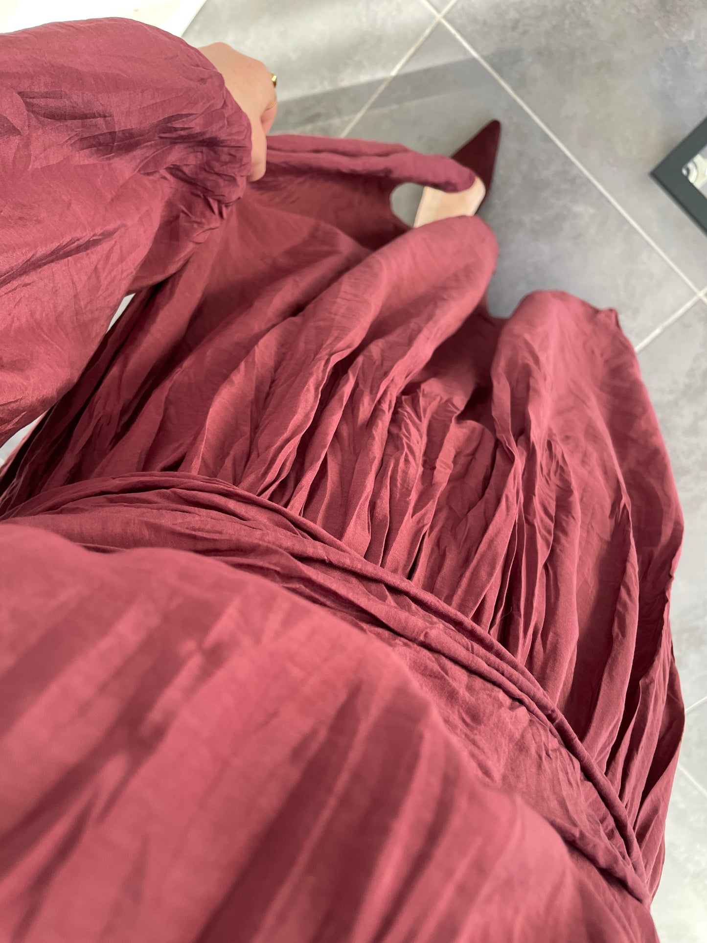 Bel Bağlamalı Kraş Elbise-Bordo