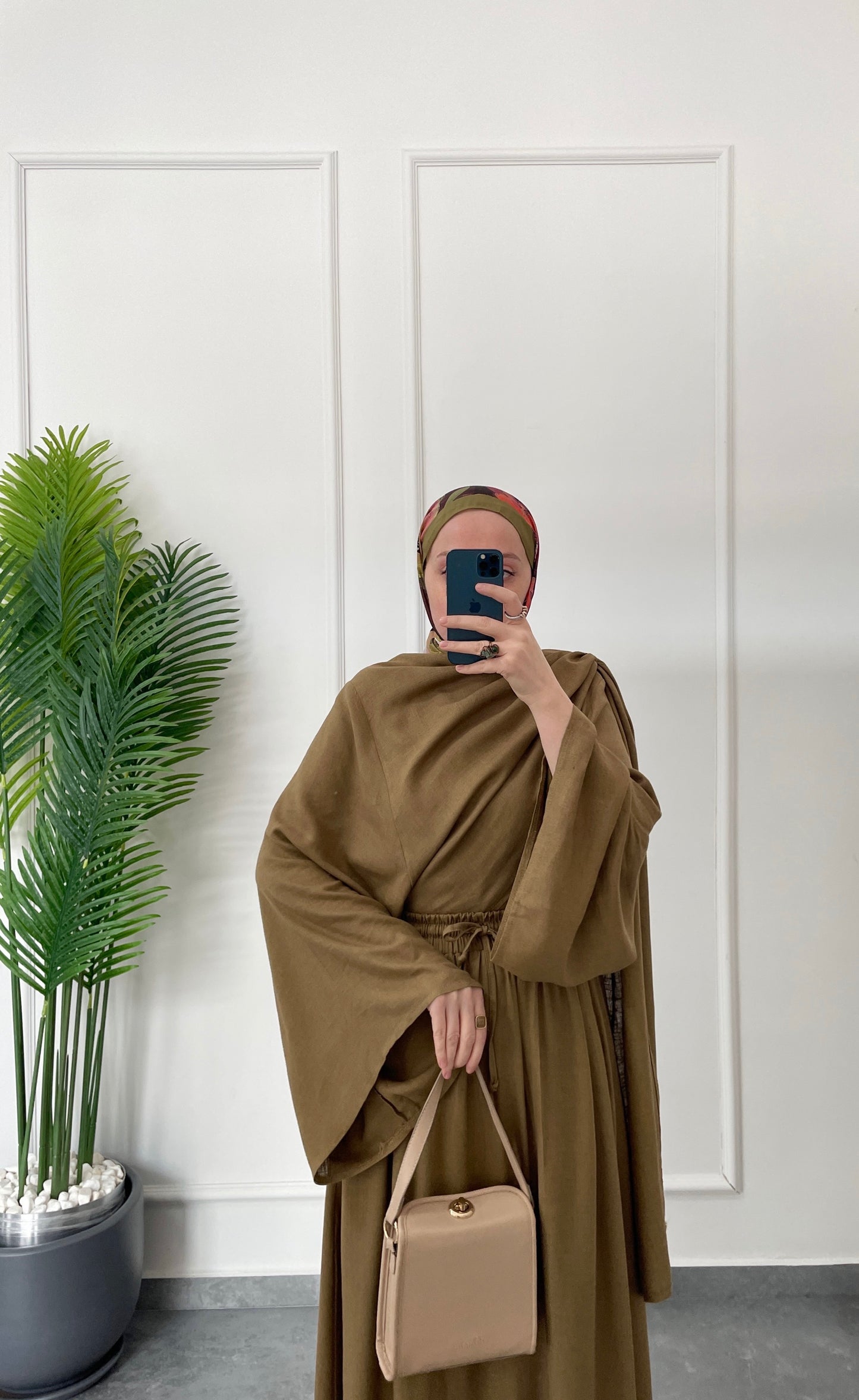 Pelerin Tasarım Ham Keten Etekli Takım-Yağ yeşili