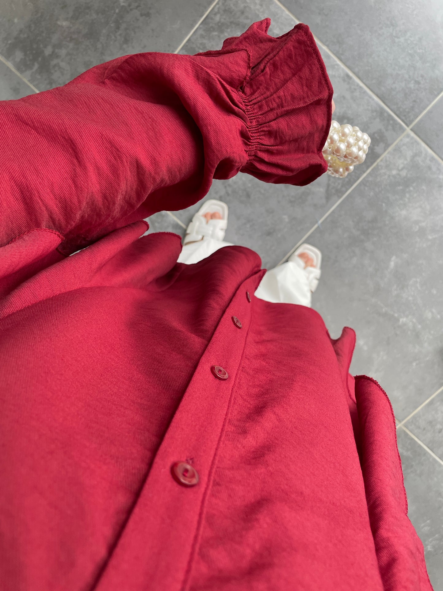 Kollar Fırfırlı Tencel Keten Gömlek-Bordo