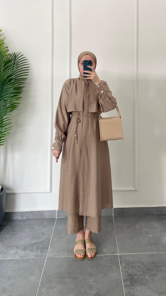 Çilek Kumaş Tunikli Takım-Vizon