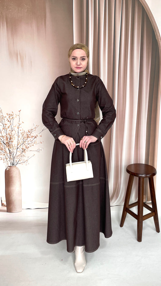 Premium Denim Etekli Takım Kahverengi