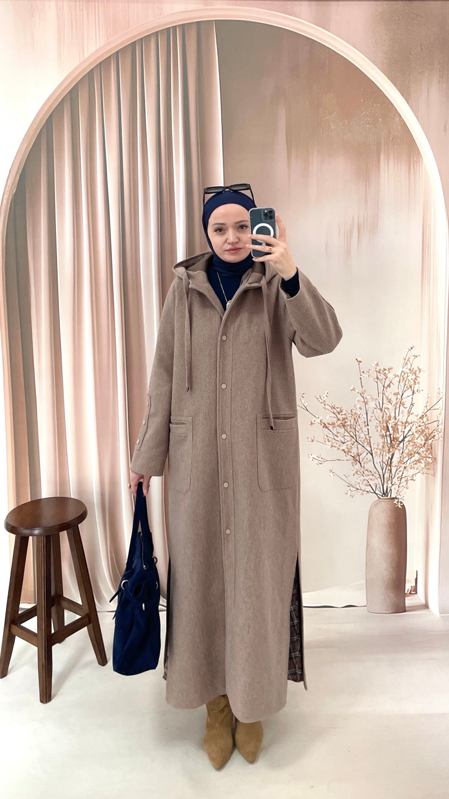 Tam Boy Premium Kapüşonlu  Kaşe Kaban Bej