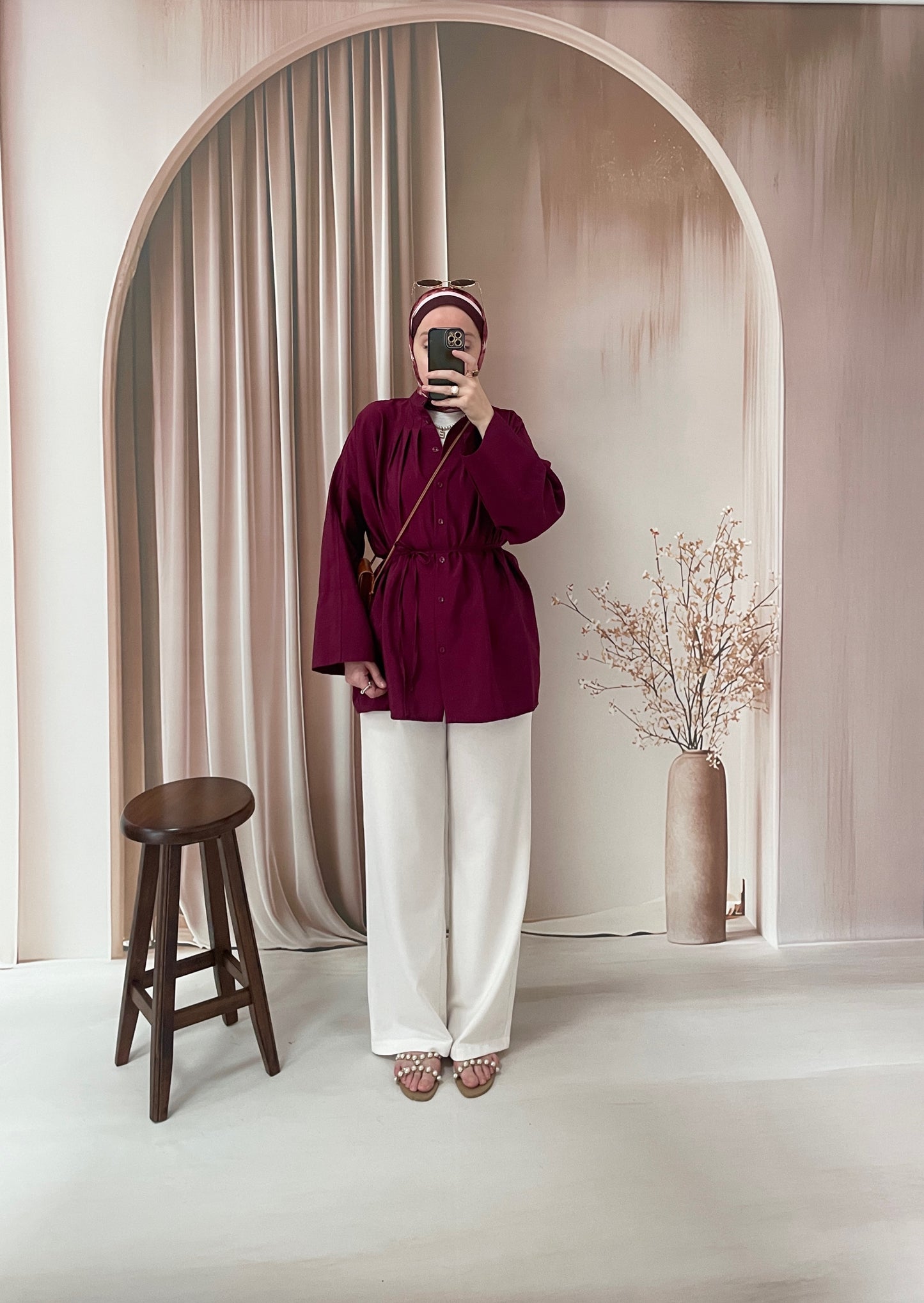 Önü Biyeli Manşet Kol gömlek Bordo