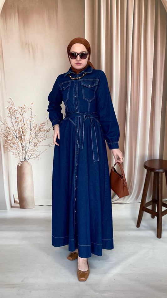 Kontrast Dikişli Premium Denim Kloş Elbise