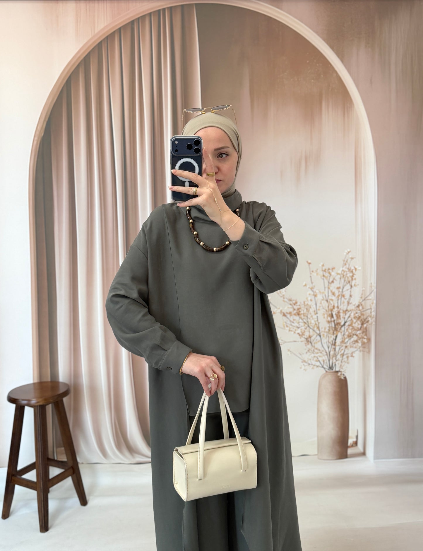 Tencel Cupra Kumaş Asimetrik Tasarım Takım Haki