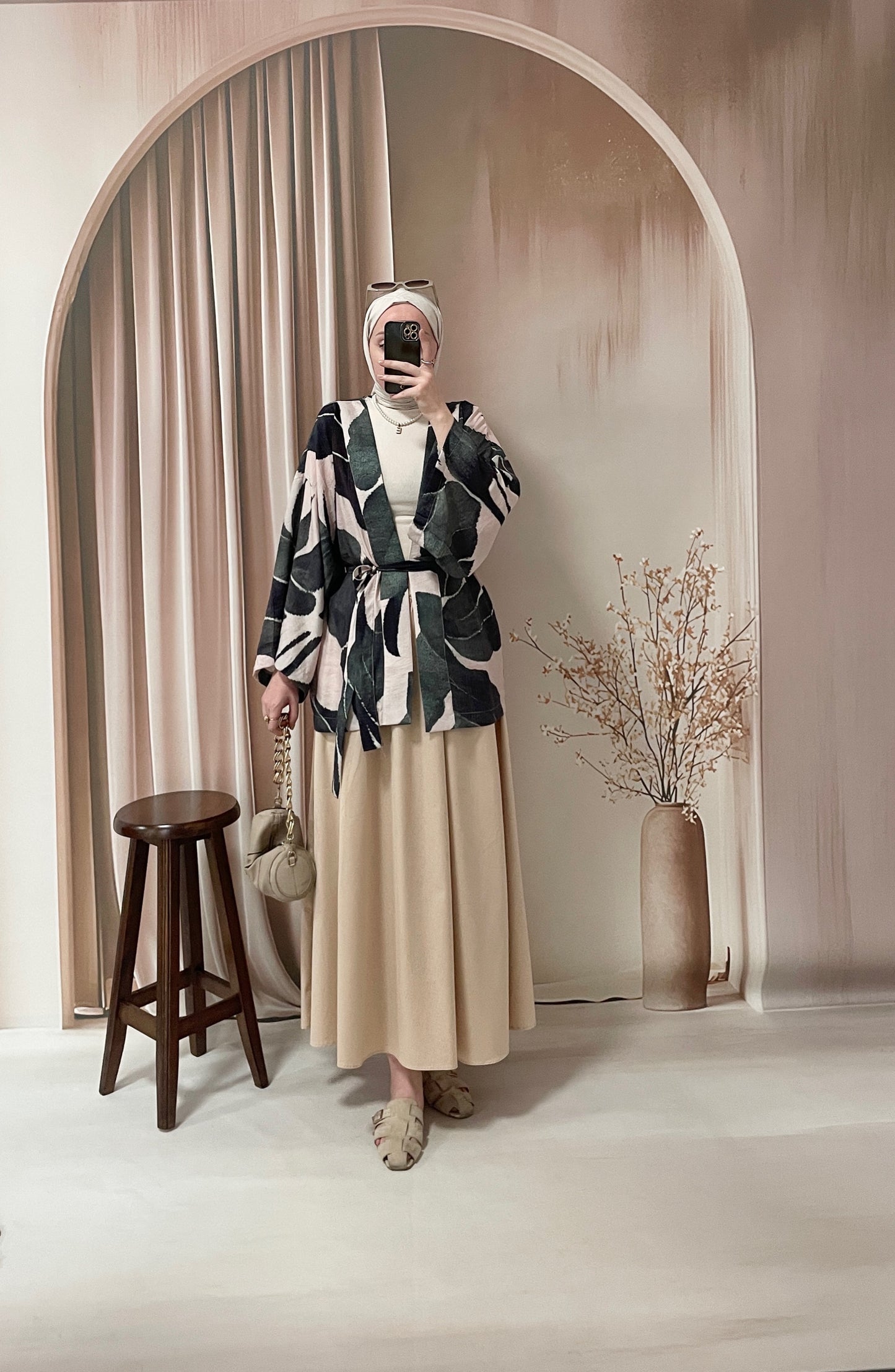 Yaprak Desenli Kimono İndigo