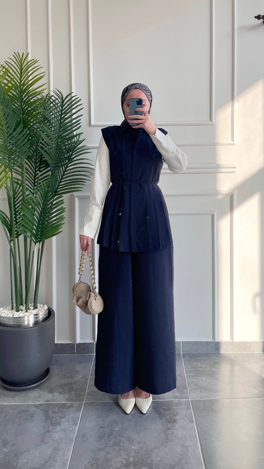 Pilise Tasarım Yelek&Etek Pantolon&Bluz Takım-Lacivert