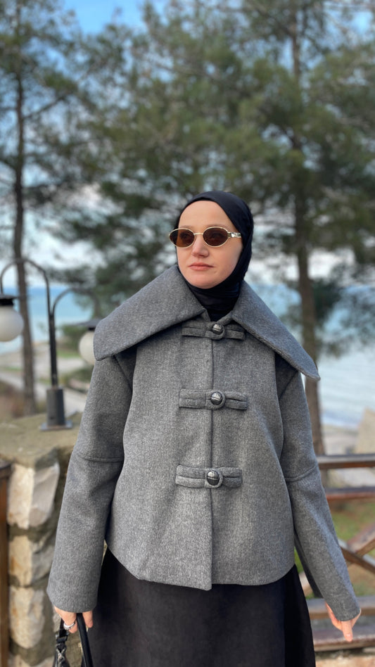 Geniş Yakalı Teddy Kısa Kaban Antrasit