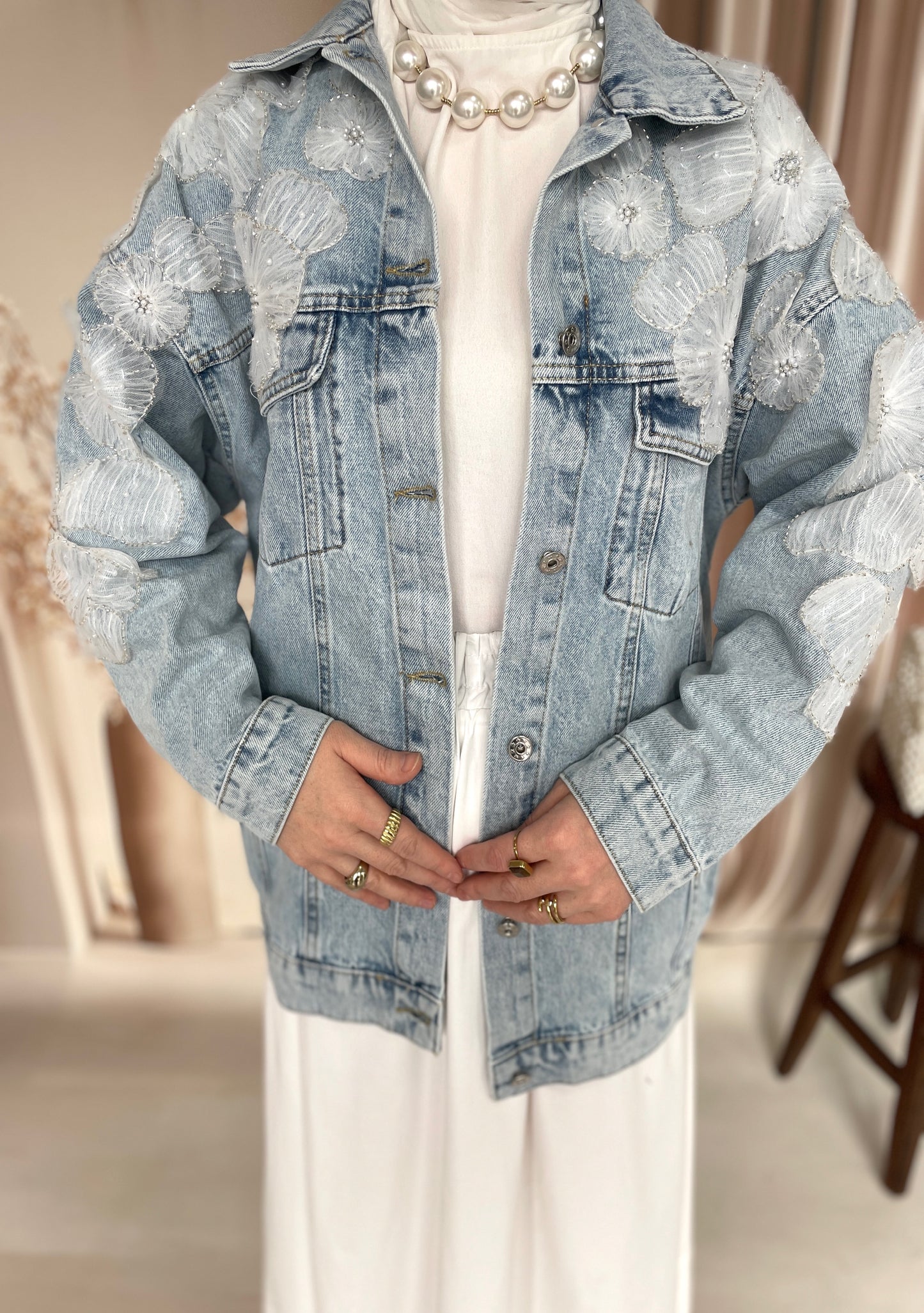 Çiçek İşlemeli Tasarım Denim Ceket Açık Mavi