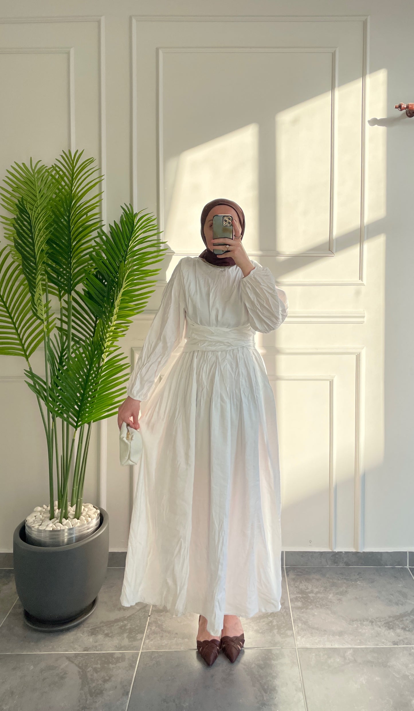 Bel Bağlamalı Kraş Elbise-Beyaz