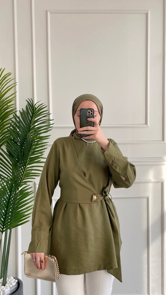 Bronş Detaylı Bel Bağlama Tasarım Tunik-Yeşil