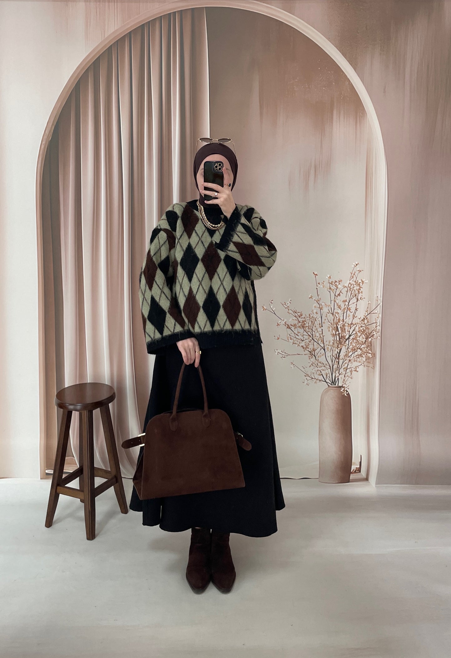 Geniş Kol Tasarım Baklava Desen Kazak Yeşil&Siyah