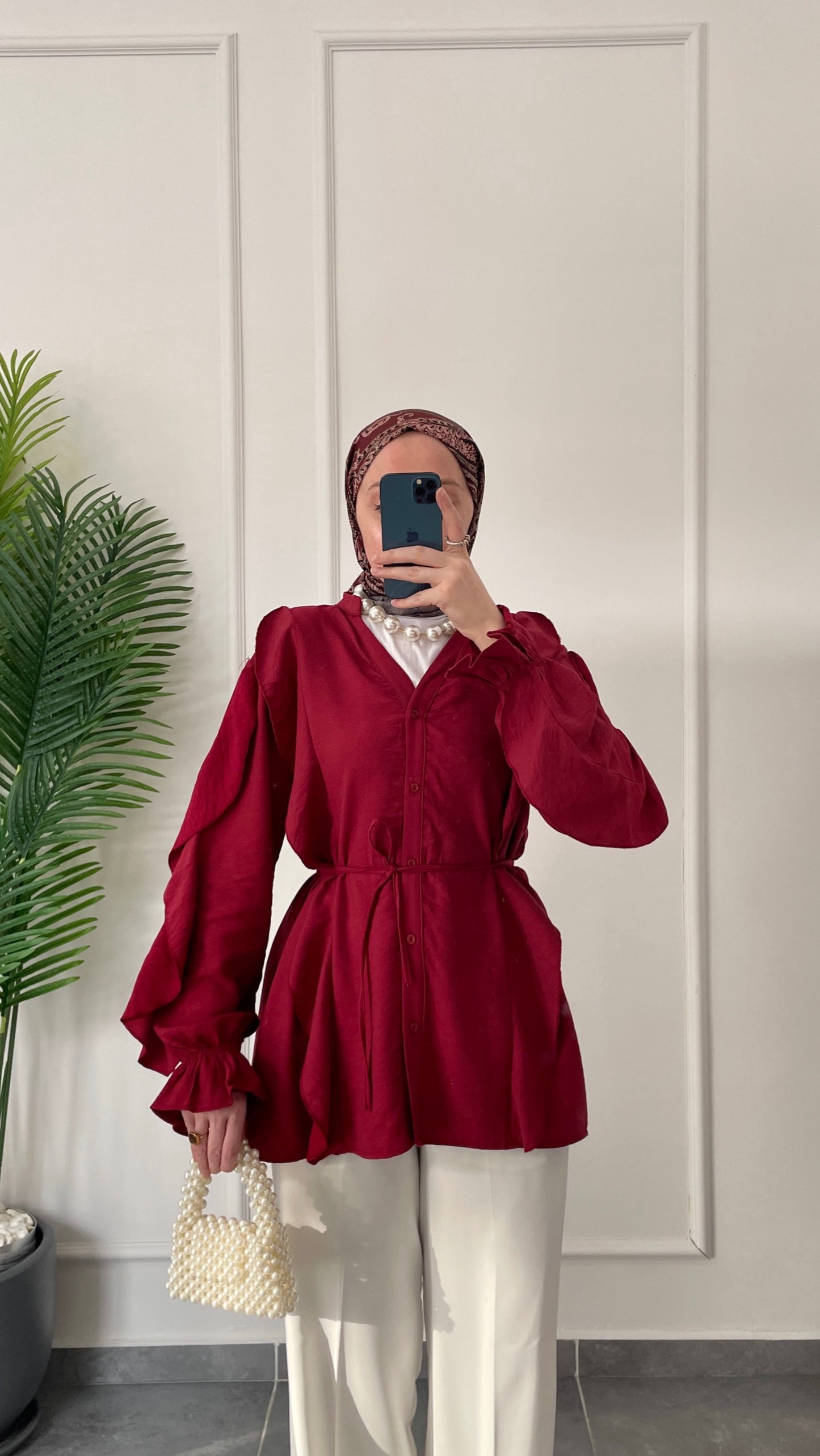 Kollar Fırfırlı Tencel Keten Gömlek-Bordo