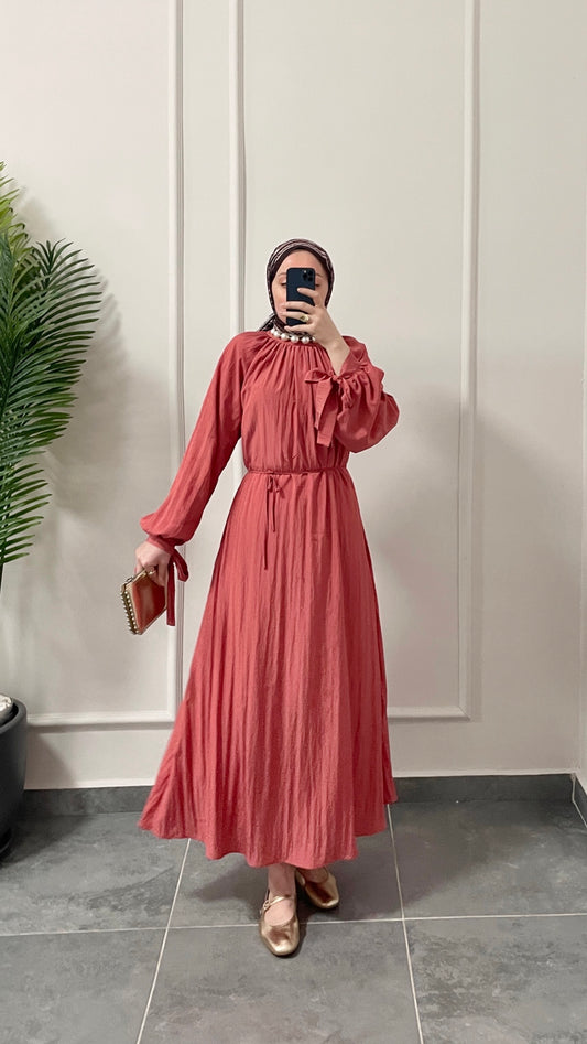 Kollar Bağcıklı Vual Saten Pamuk Elbise-Somon