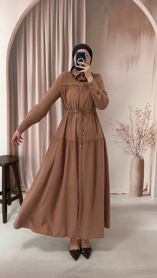 Güpürlü Cupra Elbise Camel