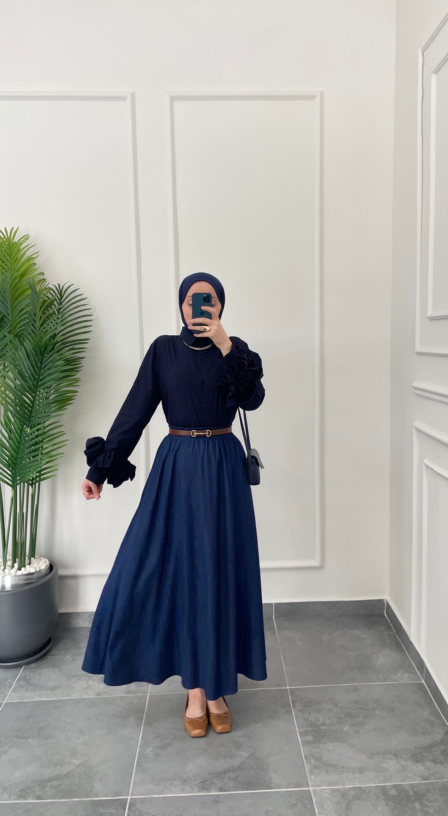 Çilek Kol Tasarım Gömlek-Lacivert